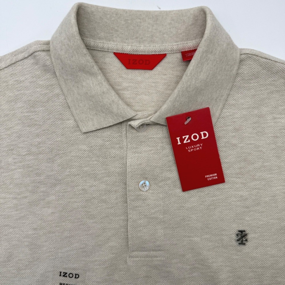 IZOD Polo Shirt Mens Beige M Luxury Sport Premium Cotton Short Sleeve Heather